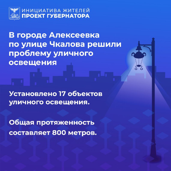 В г. Алексеевка по ул. Чкалова появилось уличное освещение. В г. Алексеевка по ул. Чкалова появилось уличное освещение.